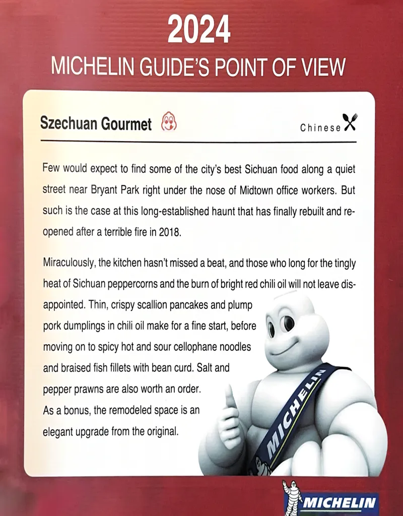 2024 Michelin praises Szechuan Gourmet's upgraded space and chili oil noodles at Szechuan Gourmet, a Chinese Restaurant in New York