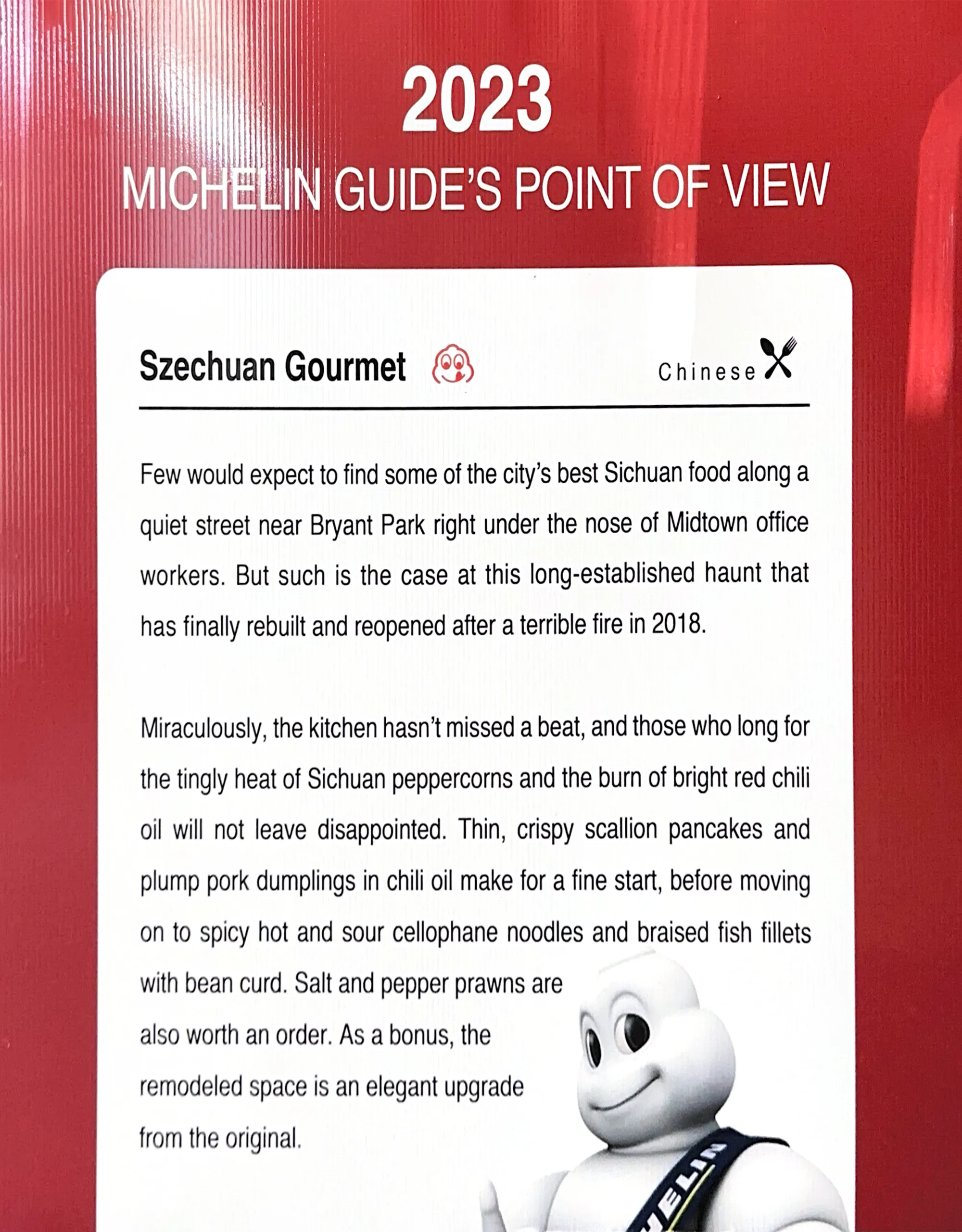 2023 Michelin review Reopened Szechuan Gourmet's spicy fish fillets at Szechuan Gourmet, a Chinese Restaurant in New York